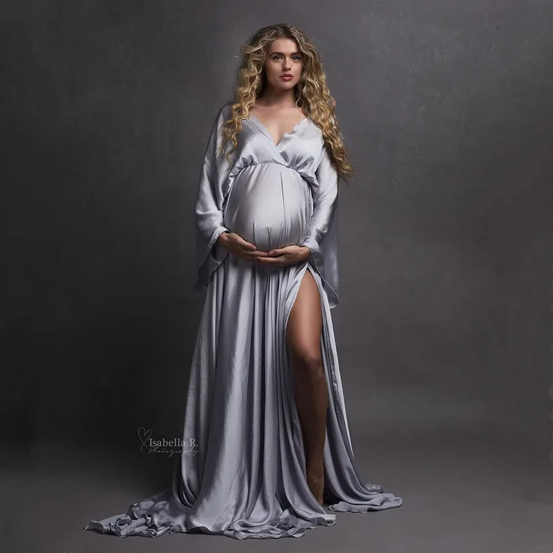 Boho Maternity Photography Props V Neck Dresses Free Size Adjustable Soft Pregnancy Photo Shoot Sides Slit For Baby Shower
