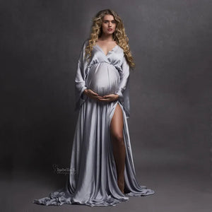 Boho Maternity Photography Props V Neck Dresses Free Size Adjustable Soft Pregnancy Photo Shoot Sides Slit For Baby Shower