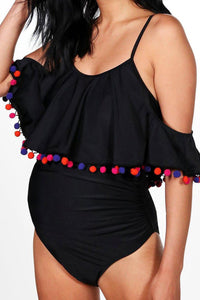 Black Cold Shoulder Pom Pom One Piece Swimsuit
