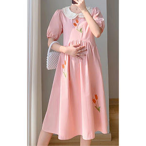 Sweet Embroidered Doll Collar Short Sleeve Medium Length Dress