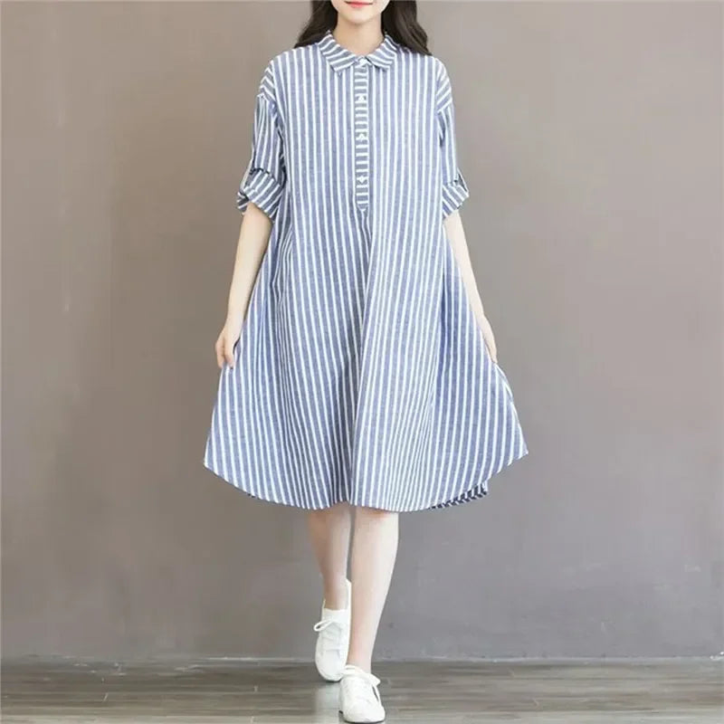 Blue and White Striped A Line Three Quarter Length Sleeve Dress