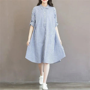 Blue and White Striped A Line Three Quarter Length Sleeve Dress