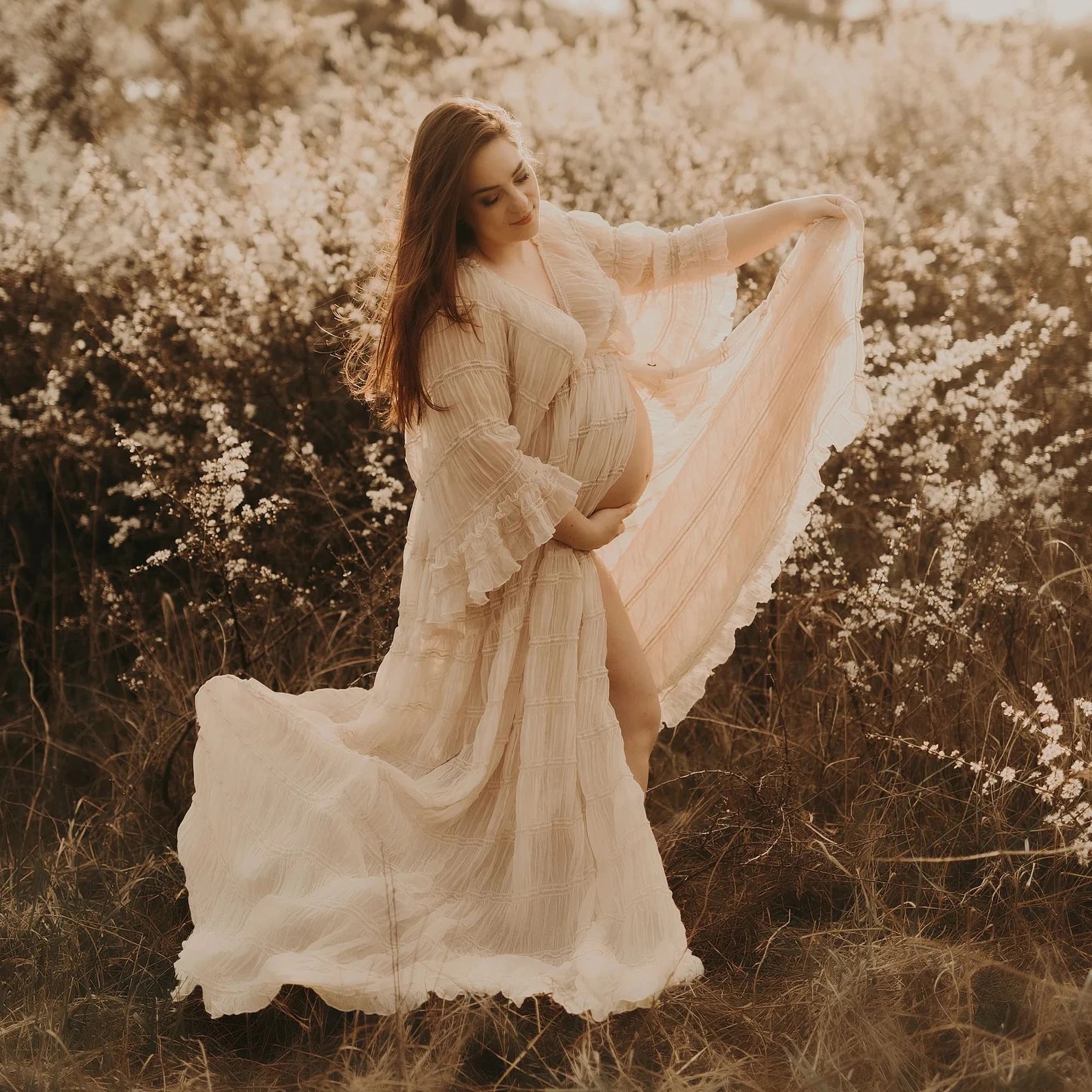 Boho Style Pleat Maternity Photo Shooting Dress Open Front Bohemian Long Dress For Pregnancy Photo Shoot