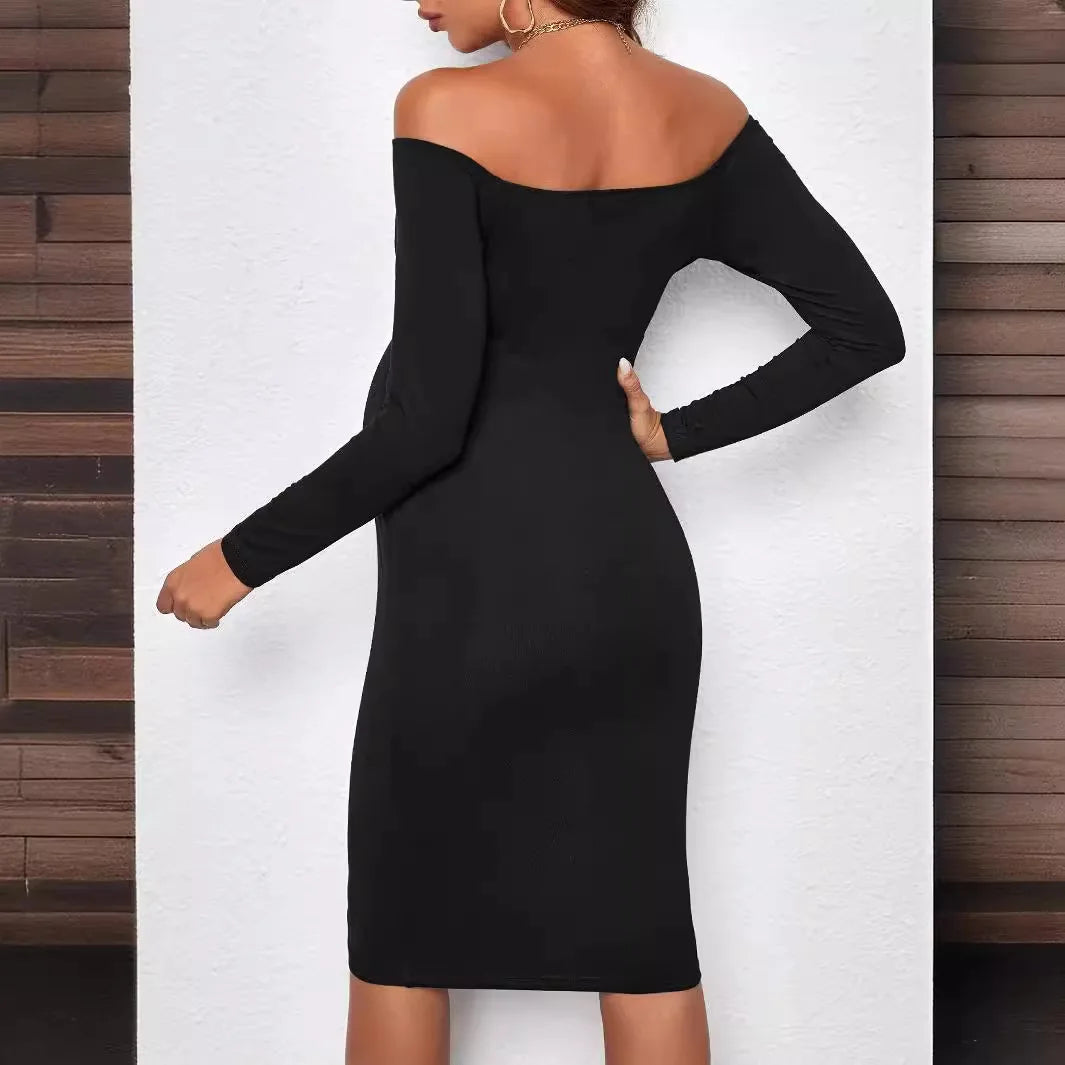 Elegant Black Strapless Off Shoulder Long Sleeve Dress