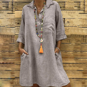 Cotton Solid Buttons Elbow Length Sleeve Dress