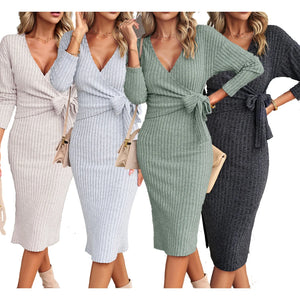 2024 New Maternity Womens Solid Color Jacquard V-Neck Knit Long Tight Sleeve Dress Belt Pregnancy Winter Women Sweater Clothes