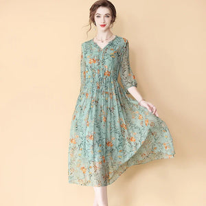 Printed Lotus Leaf Chiffon Drawstring Waist Three Quarter Sleeve Midi Dress
