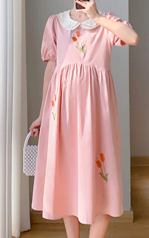 Sweet Embroidered Doll Collar Short Sleeve Medium Length Dress
