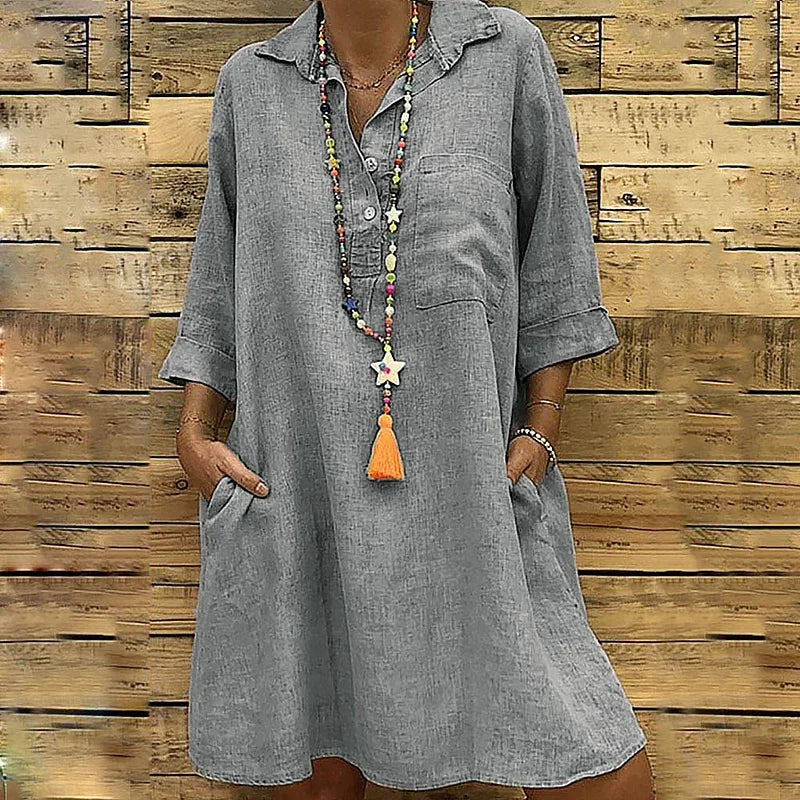Cotton Solid Buttons Elbow Length Sleeve Dress