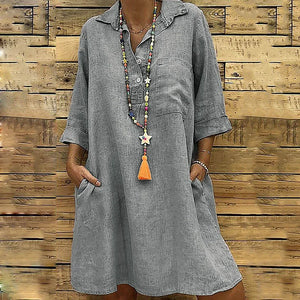 Cotton Solid Buttons Elbow Length Sleeve Dress