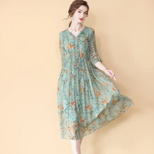 Printed Lotus Leaf Chiffon Drawstring Waist Three Quarter Sleeve Midi Dress