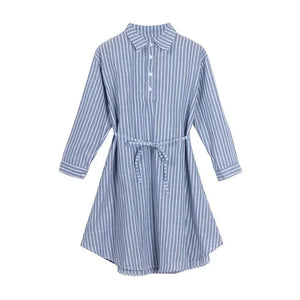 Blue and White Striped A Line Three Quarter Length Sleeve Dress
