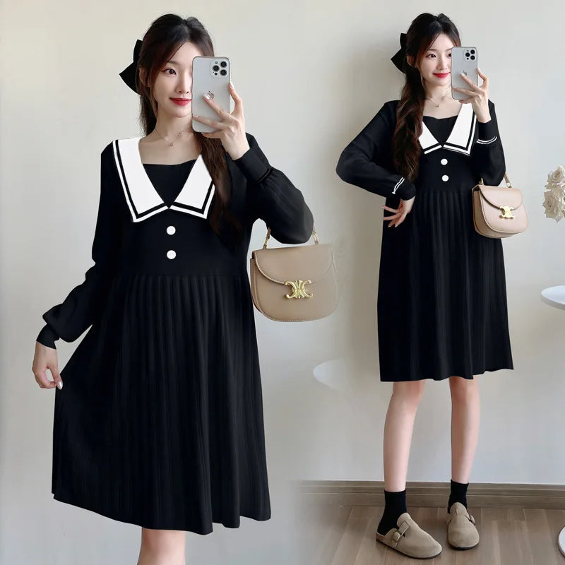 Long Sleeve White Sailor Collar Pleated Dress