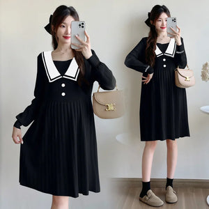 Long Sleeve White Sailor Collar Pleated Dress