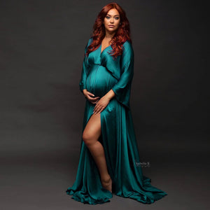 Boho Maternity Photography Props V Neck Dresses Free Size Adjustable Soft Pregnancy Photo Shoot Sides Slit For Baby Shower