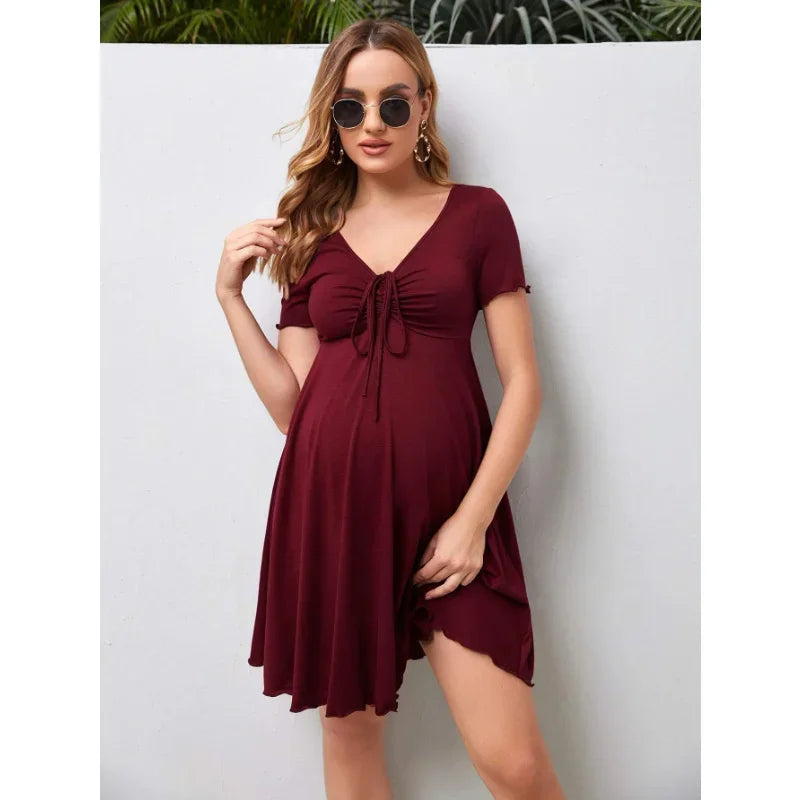 Maternity Dresses Summer Pure Colour V-neck