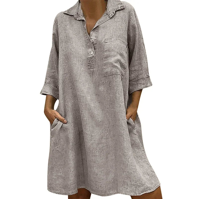 Cotton Solid Buttons Elbow Length Sleeve Dress