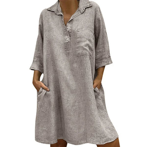 Cotton Solid Buttons Elbow Length Sleeve Dress