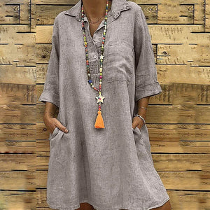 Cotton Solid Buttons Elbow Length Sleeve Dress