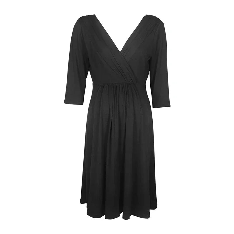 A Line Vee Neck Three Quarter Length Sleeve Dress