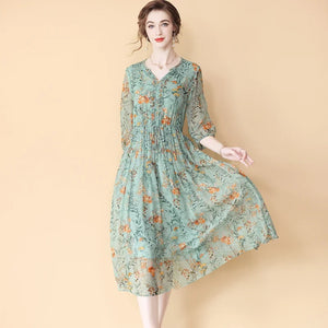 Printed Lotus Leaf Chiffon Drawstring Waist Three Quarter Sleeve Midi Dress