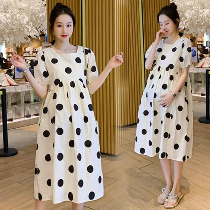 Maternity Fashion Summer Dress Outdoors High-end Fresh Dotty Skirt Loose-fit Summer Dress Maternity Dress Pregnancy Clothes