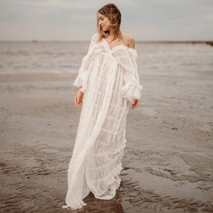 Boho Style Pleat Maternity Photo Shooting Dress Open Front Bohemian Long Dress For Pregnancy Photo Shoot