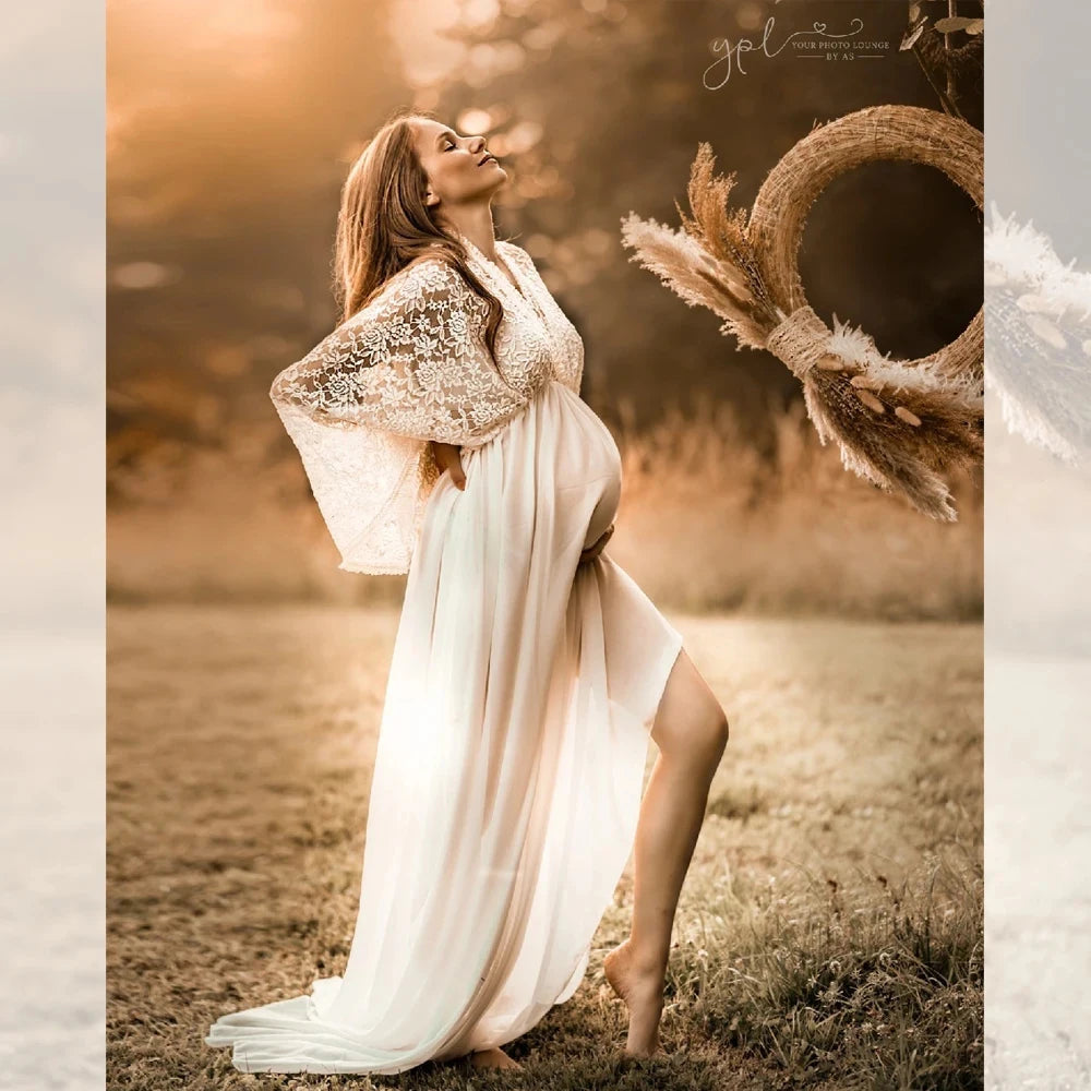 Lace Boho Maternity Photography Dresses Sexy V-neck Chiffon Pregnancy Baby Showers Dress Pregnant Women Photo Shooting Gowns