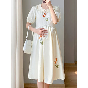 Sweet Embroidered Doll Collar Short Sleeve Medium Length Dress