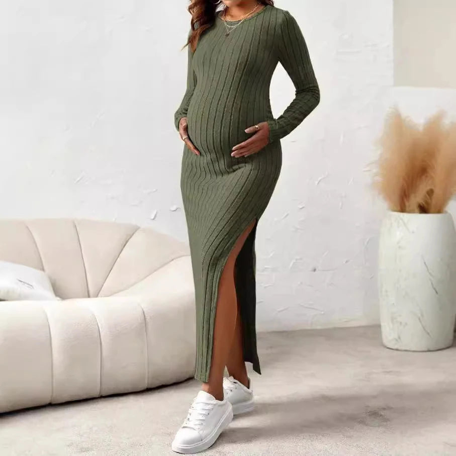 Long Sleeve Slit Rib Knit Dress