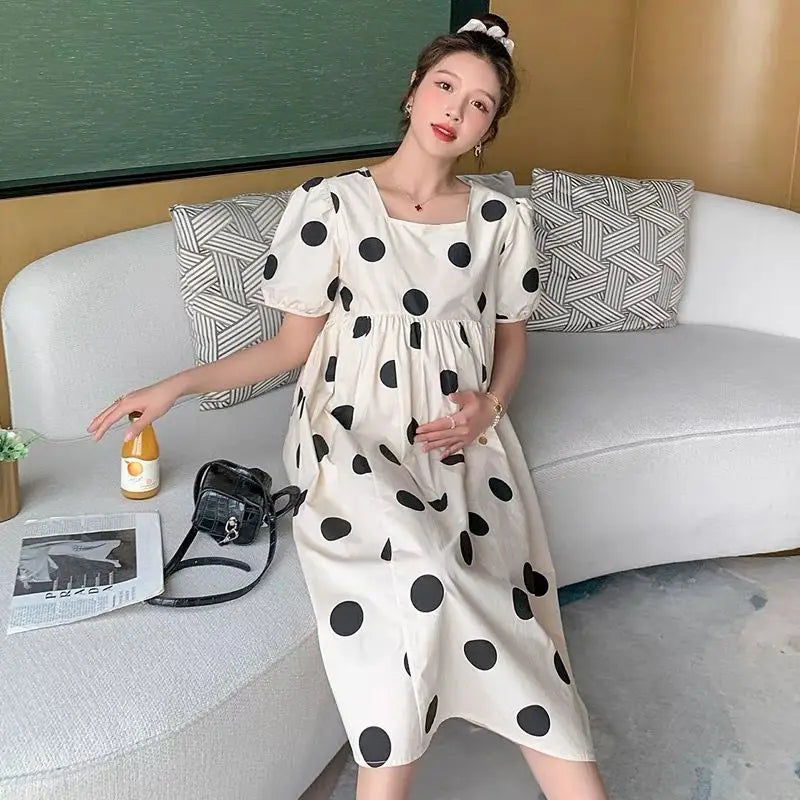 Maternity Fashion Summer Dress Outdoors High-end Fresh Dotty Skirt Loose-fit Summer Dress Maternity Dress Pregnancy Clothes