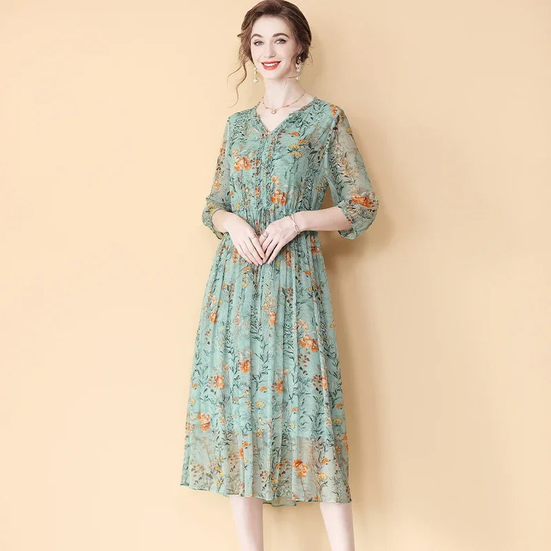Printed Lotus Leaf Chiffon Drawstring Waist Three Quarter Sleeve Midi Dress