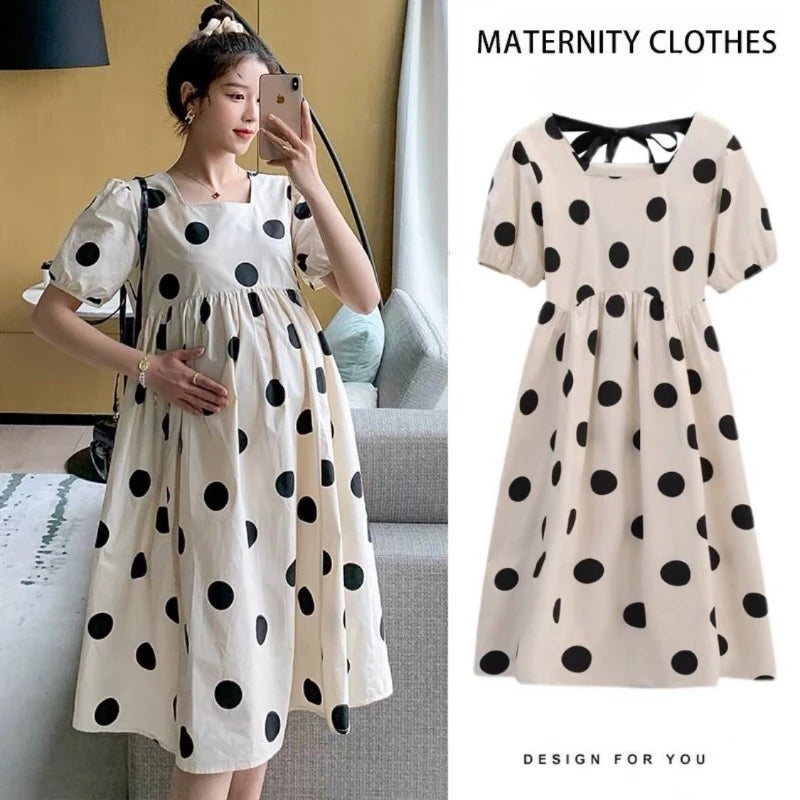 Maternity Fashion Summer Dress Outdoors High-end Fresh Dotty Skirt Loose-fit Summer Dress Maternity Dress Pregnancy Clothes