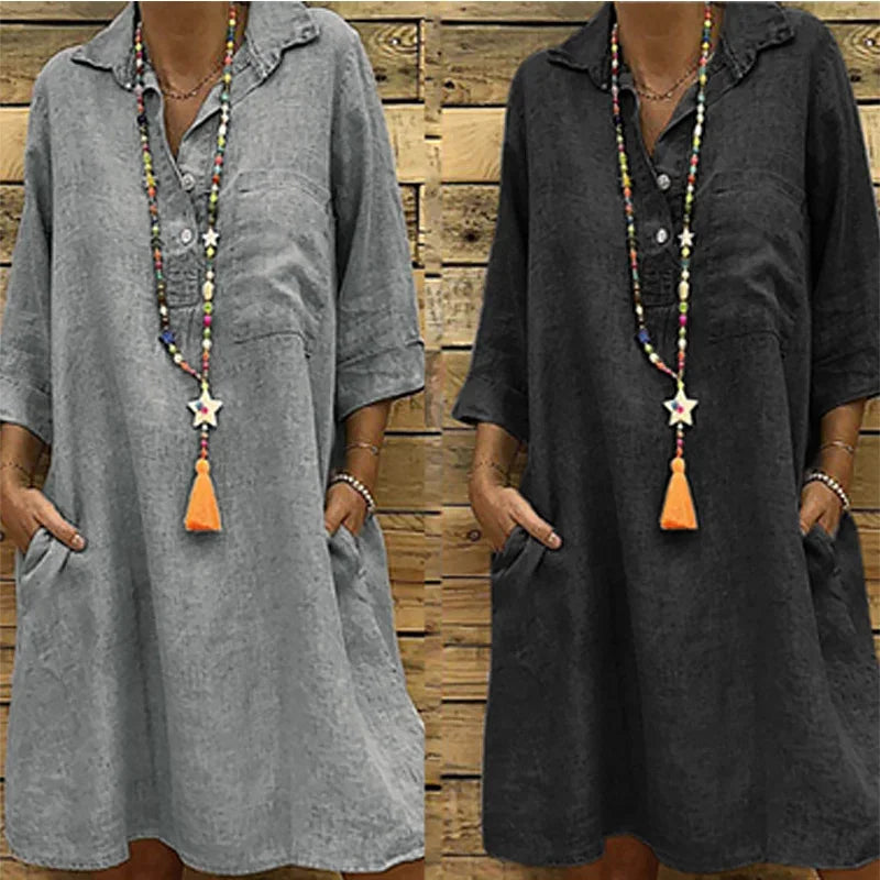 Cotton Solid Buttons Elbow Length Sleeve Dress