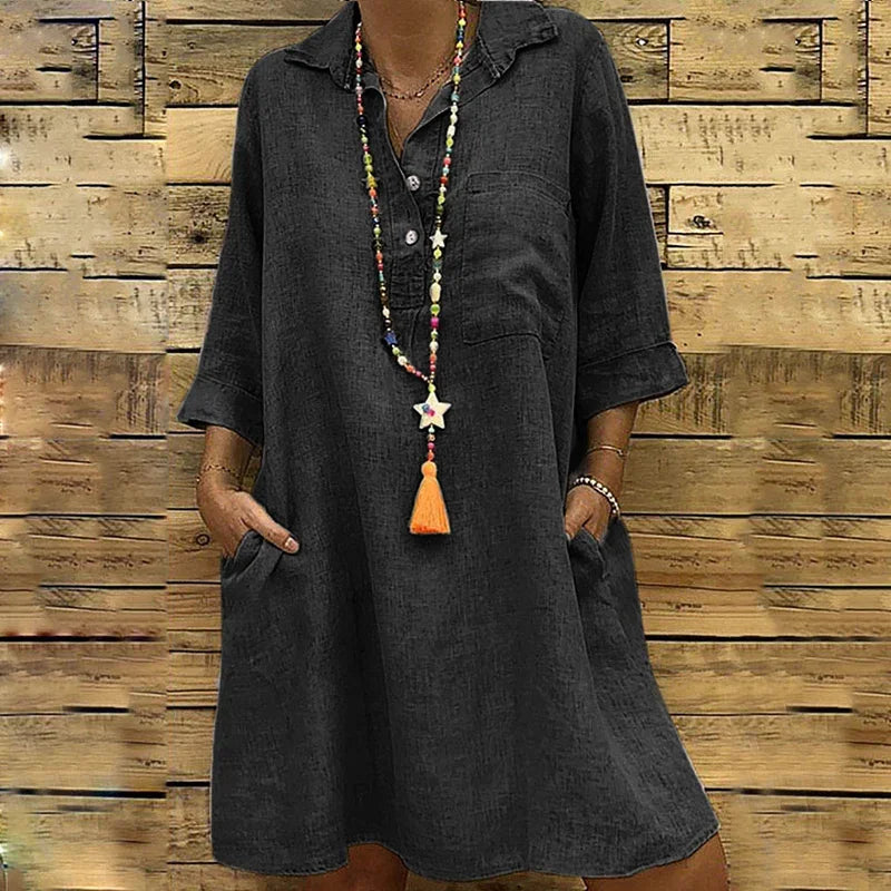 Cotton Solid Buttons Elbow Length Sleeve Dress