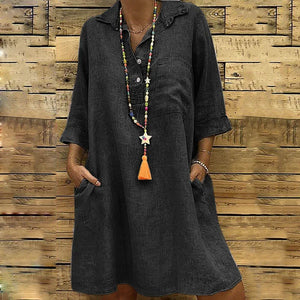 Cotton Solid Buttons Elbow Length Sleeve Dress