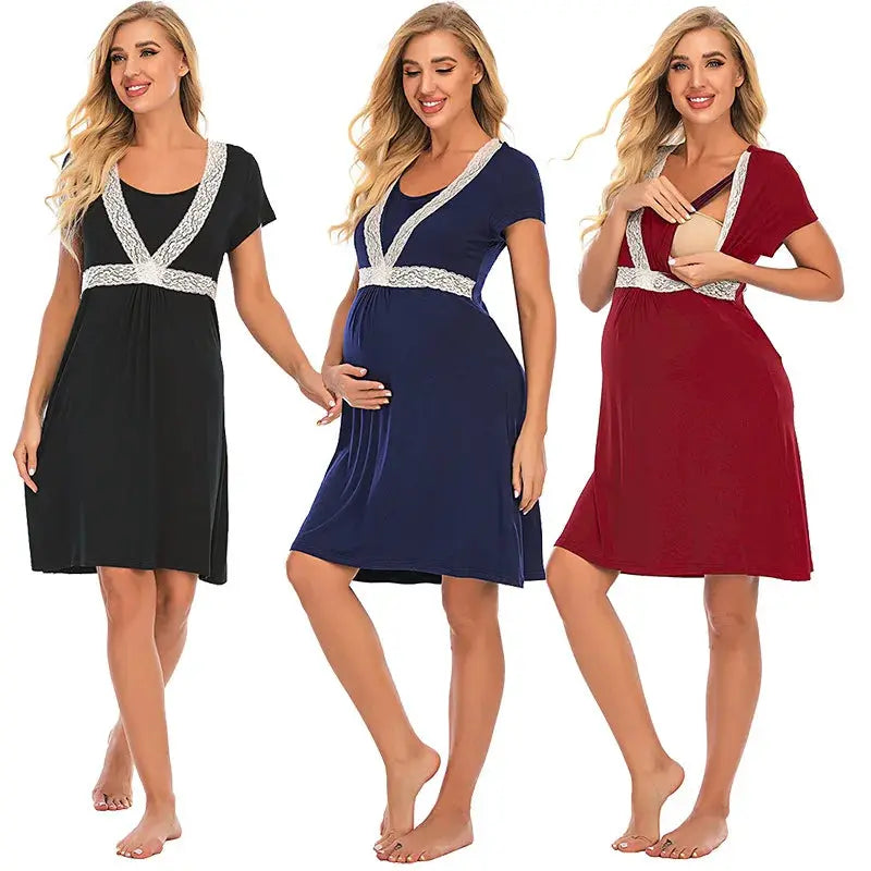 Nursing Nightgown 3 In 1 Maternity Nightgown Short Sleeve Nursing Gown Breasfeeding Sleepwear Delivery Dress
