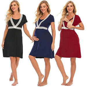 Nursing Nightgown 3 In 1 Maternity Nightgown Short Sleeve Nursing Gown Breasfeeding Sleepwear Delivery Dress