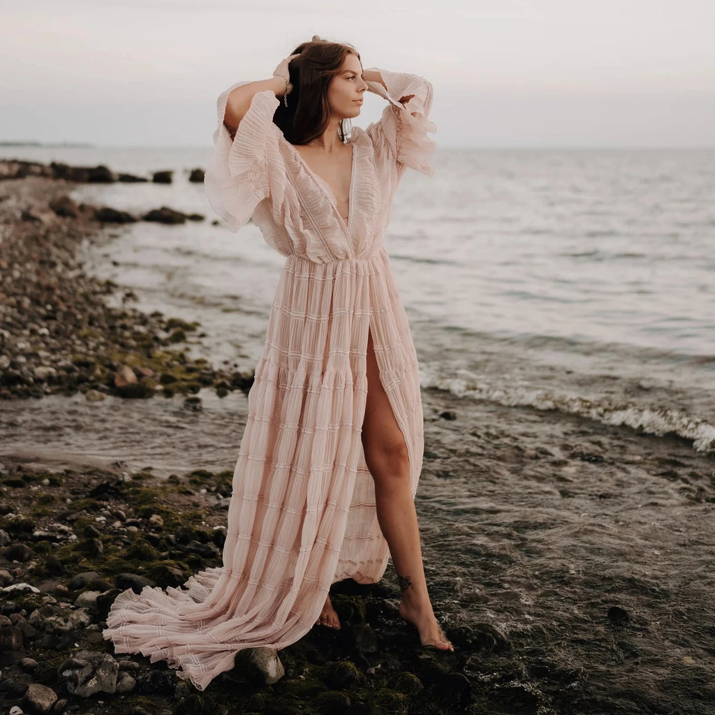 Boho Style Pleat Maternity Photo Shooting Dress Open Front Bohemian Long Dress For Pregnancy Photo Shoot