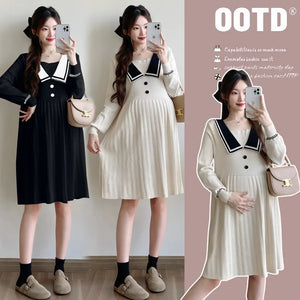 Long Sleeve White Sailor Collar Pleated Dress