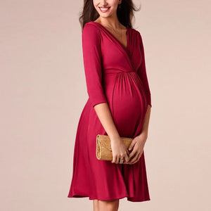 A Line Vee Neck Three Quarter Length Sleeve Dress