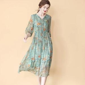 Printed Lotus Leaf Chiffon Drawstring Waist Three Quarter Sleeve Midi Dress