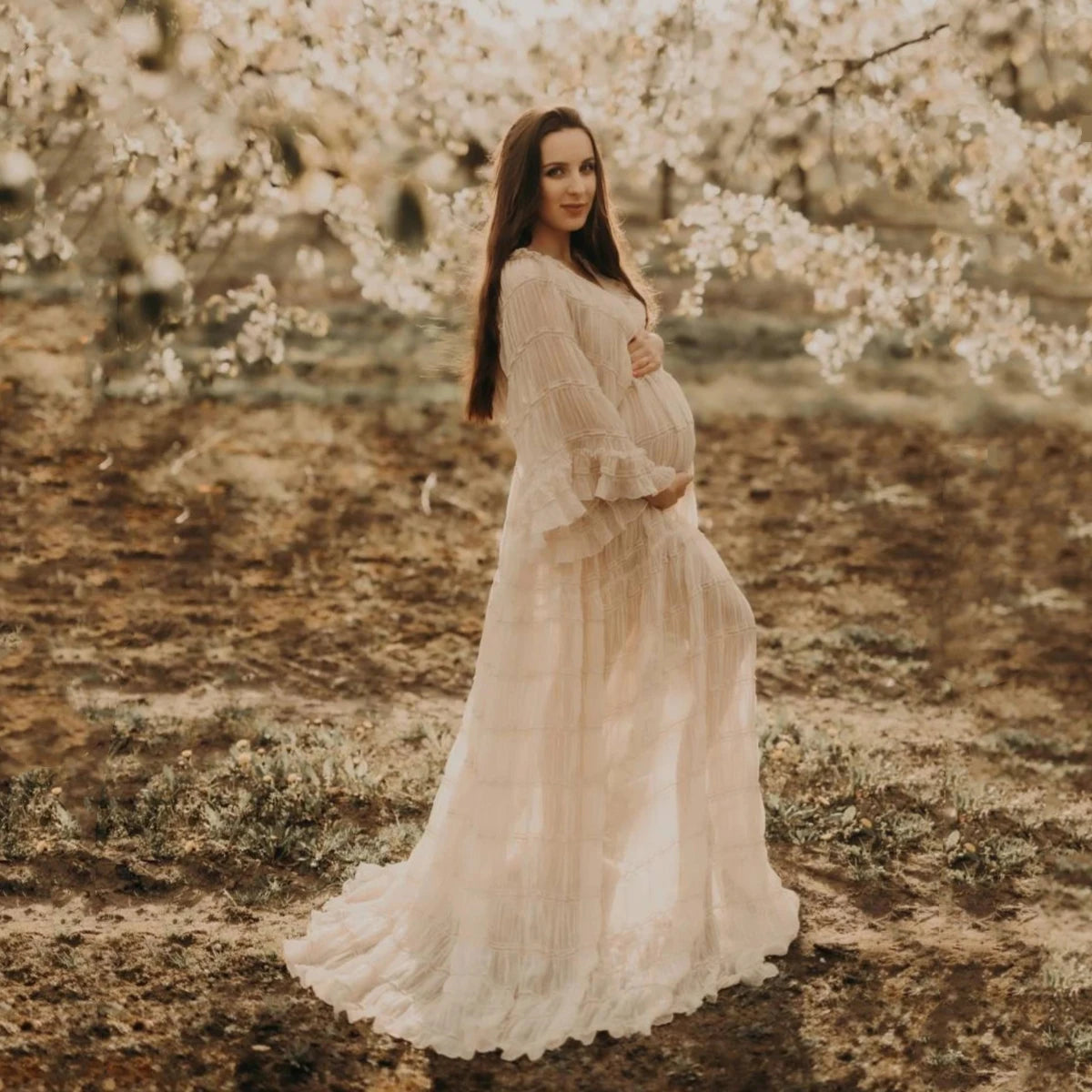 Boho Style Pleat Maternity Photo Shooting Dress Open Front Bohemian Long Dress For Pregnancy Photo Shoot