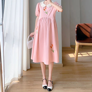 Sweet Embroidered Doll Collar Short Sleeve Medium Length Dress