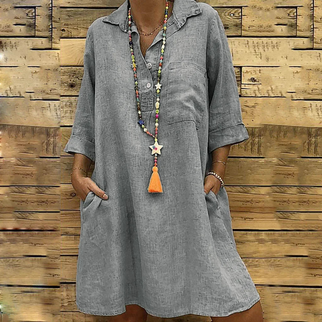 Cotton Solid Buttons Elbow Length Sleeve Dress
