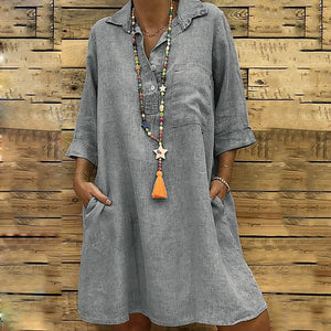 Cotton Solid Buttons Elbow Length Sleeve Dress