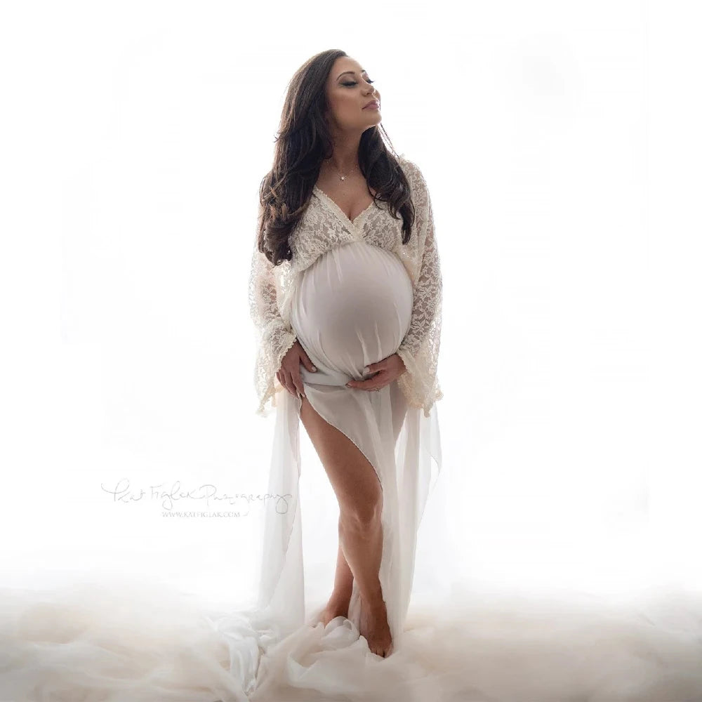 Lace Boho Maternity Photography Dresses Sexy V-neck Chiffon Pregnancy Baby Showers Dress Pregnant Women Photo Shooting Gowns